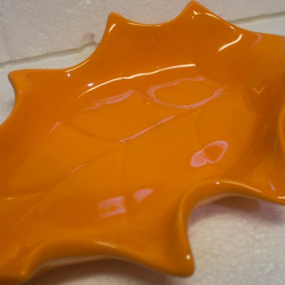 Vintage Orange Ceramic Glazed Leaf Candy Dish, Serving Platter, Table Sitter - Picture 2 of 10